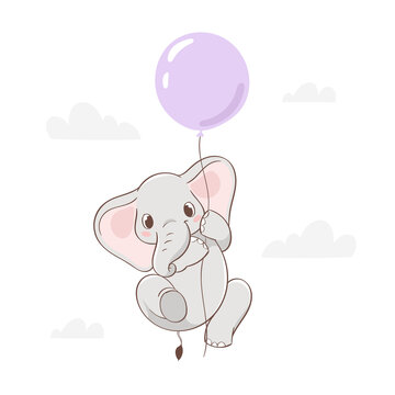 Cute little elephant character flying on balloon hand drawn vector illustration. Can be used for t-shirt print, kids wear, fashion design, baby shower invitation card, poster, birthday, nursery