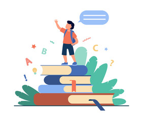 Schoolboy standing on books, raising hand and speaking. Pupil reading home task report flat vector illustration. School, education, knowledge concept for banner, website design or landing web page