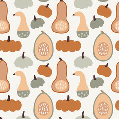 Seamless pattern with various colorful whole and cut pumpkins. Thanksgiving or Halloweeen concept. Autumn vegetable tile design for textile, fabric and scrapbooking. Vector illustration background.