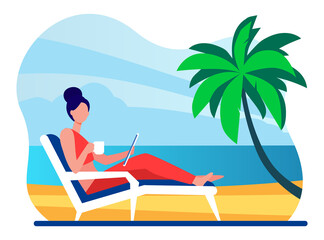 Obraz na płótnie Canvas Woman sitting on beach chair by sea. Drinking coffee, using tablet, tropical resort flat vector illustration. Freelance, vacation, communication concept for banner, website design or landing web page