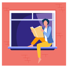 Young woman reading book on windowsill. Girl enjoying novel, student doing home task flat vector illustration. Knowledge, literature, reader concept for banner, website design or landing web page