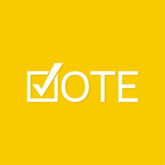 Vote vector icon. Election template with check mark symbol on yellow background.