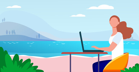 Freelance woman working by sea. Girl using laptop at table outdoors flat vector illustration. Outdoor workplace, freelancer concept for banner, website design or landing web page
