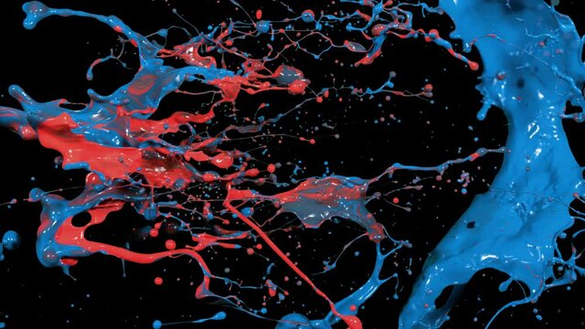 Splash of red and blue paint liquid in slow motion isolated on black (4K)