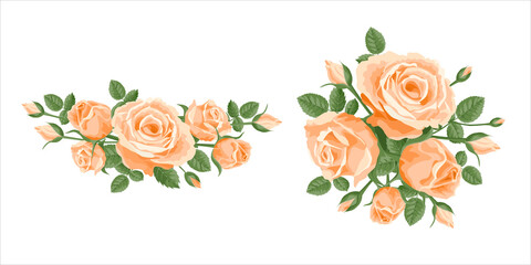 Bouquet, garland of roses. Vector flower posy decoration for anniversary, cards, greetings. Valentine's day, mother's day. Salmon, apricot orange roses with leaves in a bunch bouquet, frame, corner - obrazy, fototapety, plakaty