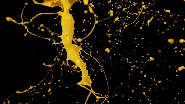Yellow paint splash thrown in slow motion, liquid isolated on black (4K)