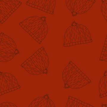 Monochrome vector seamless pattern of warm autumn and winter cap in the style of doodle. Linear illustrations by hand. Knitted hat.