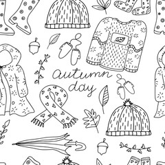 Vector seamless pattern of warm and cozy knitted clothes for autumn and winter on white background. Fall season clothing and accessories flat design. Used clipping mask for easy editing.