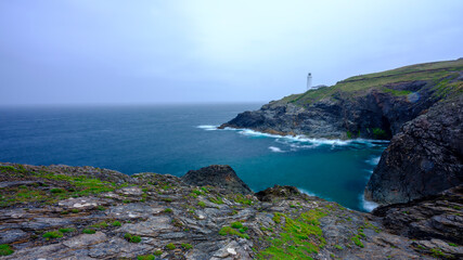Overcast skies and drizzle at Trevose Head Light House, Cornwall, UK