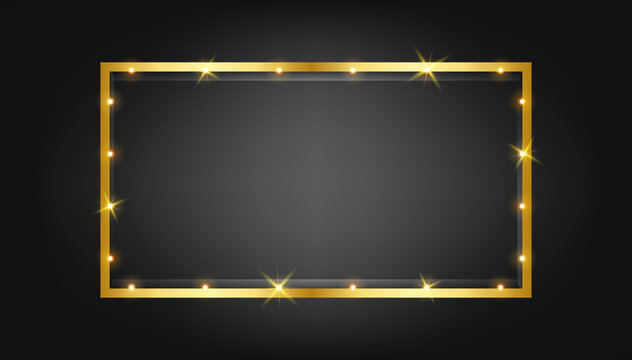 Golden light frame on black background, Shiny gold frame, Vector