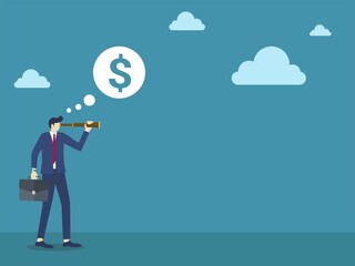businessman using binoculars looking into future thinking of big money vector illustration