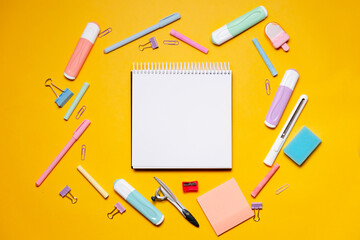 Back to school concept. Top horizontal view copyspace.Zoom educational background. Pen, Pencil, Pencils, Eraser, Paper Clip, School Supplies.
