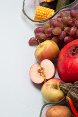 autumn vegetables and fruits and place for text.