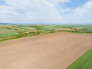 Obraz premium Arable land and nature in the plains of Vojvodina. Aerial photography.