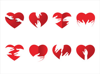 set of beautiful simple clean minimal vector of Love Give Care Help Heal Holding Protect Charity Donation CSR concept, modern symbol logo of shading red heart with hands in various pose style,