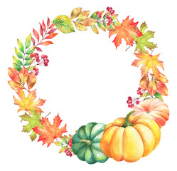 Naklejka na ściany i meble Watercolor autumn frame with pumpkins and leaves.