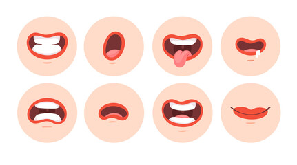 Fototapeta na wymiar Set of animation female funny cartoon mouths with different expressions and emotions: smile, angry, laugh, surprised. Vector flat red lips speaking articulation, pronunciation signs isolated on white