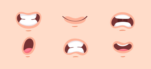 Big set of animation funny cartoon mouths with different expressions and emotions: smile, angry, laugh, surprised. Vector flat lips speaking articulation, english pronunciation signs isolated on white