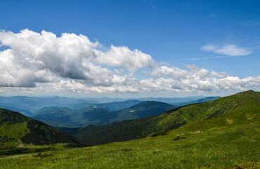 Fototapeta na wymiar Green grassy hillsides of the Chornohora ridge under a blue cloudy sky. Summer landscape of the Carpathian mountains.