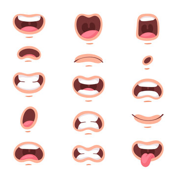Big set of animation funny cartoon mouths with different expressions and emotions: smile, angry, laugh, surprised. Vector flat lips speaking articulation, english pronunciation signs isolated on white
