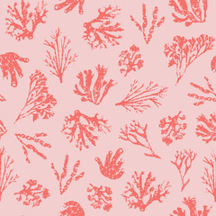 Pink vector repeat pattern with red hand drawn corals
