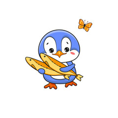 Cute penguin with a fish. Vector Illustration.