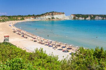 Picturesque sandy Gerakas beach - a breeding site of the caretta sea turtles, situated on Vassilikos peninsula of Zakynthos island on Ionian Sea, Greece.