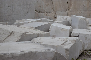 View of stones in a huge abandoned quarry on the island of Brac, Croatia. Island known for its beautiful ancient hard stone