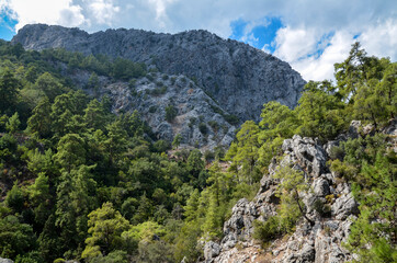 Scene with mountain rocks in Goynuk Canyon in Turkey. Famous Lycian way Trekking