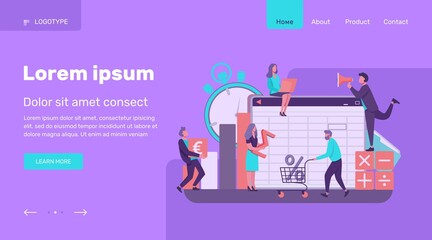 Accounting app vector illustration. Professionals working on financial reports, analyzing data sheet. Team of accountant using bookkeeping software