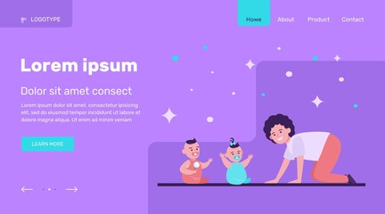 Cheerful mom playing with twin babies. Toys, babysitting, baby care flat vector illustration. Childhood, childcare, parenthood concept for banner, website design or landing web page