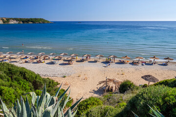 Fototapeta premium Picturesque sandy Gerakas beach - a breeding site of the caretta sea turtles, situated on Vassilikos peninsula of Zakynthos island on Ionian Sea, Greece.