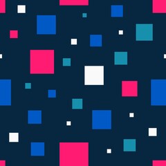 Seamless abstract geometric pattern of squares in random order. Simple flat vector. Colourful brick. Colored squares on a dark background. Stock vector illustration. Funny, happy and children theme
