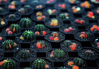 indoor garden colorful cactus with black stone