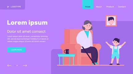 Grandma sitting in armchair and little grandson smiling. Kid, boy, generation flat vector illustration. Family and parenting concept for banner, website design or landing web page
