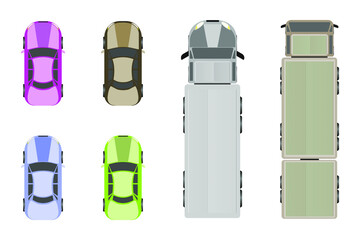 Vector cars and trucks top view. Isolated illustration in flat design