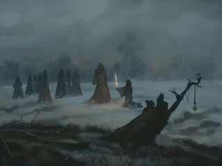 Digital painting of a witch cult ritual in a secluded field on a dark foggy night - digital fantasy illustration