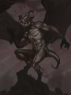 Digital painting of horned bat creature posed on a clip top ready to take flight - digital fantasy illustration