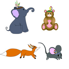  Funny animals with Indian feathers. Bear, mouse, fox and elephant. Each object is isolated. Vector graphics for textiles and design of packages and labels