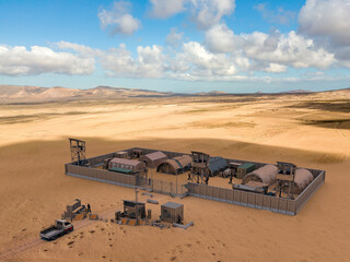 Military compound in the middle east, aerial view of a military base. Guard towers and reinforced concrete fence. Defense of terrorist attacks, 3d render