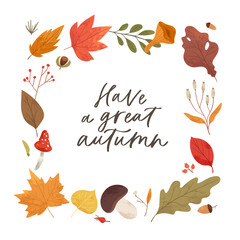 Botanical autumn collection. Fall season square frame,  harvest festival poster of hand drawn colorful fallen leaves, twigs, berries, mushrooms, tree branches. Vector illustration with place for text