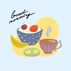 Composition with cup of tea, melon and porridge with fruit