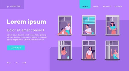 Apartment building with people in open window spaces. Neighbors drinking coffee, talking, using cell. Vector illustration for block of flat, condo, neighborhood, community, house friendship concept