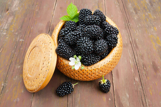 Large Ripe Blackberries In A Wicker Basket