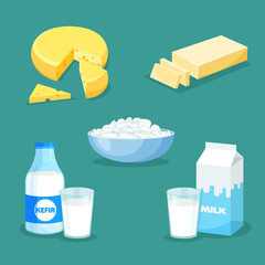 Set of fresh natural dairy products. Vector milk, butter, cheese, kefir, cottage cheese icons in a trendy flat style. Farm produce isolated on blue background.