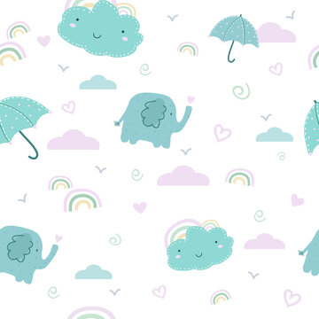 Seamless baby pattern with cute characters. Hand drawing elephant, cloud, umbrella. Vector wallpaper for kids. Design for textile, fabric, wrapper, print. Cartoon background
