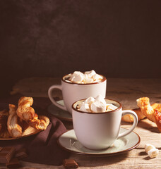 Hot chocolate with cinnamon and marshmallow on wooden background