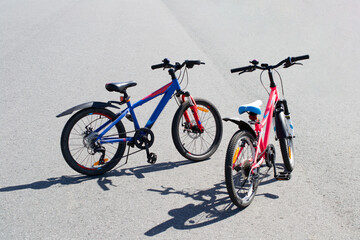 two multi-colored sports bicycles stand on the asphalt.