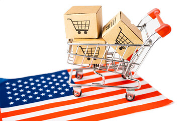 Box with shopping cart logo and USA America flag, Import Export Shopping online or eCommerce...