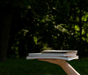 hand holds a stack of books on a background of trees on a sunny summer day. background blurred. selective focus.  